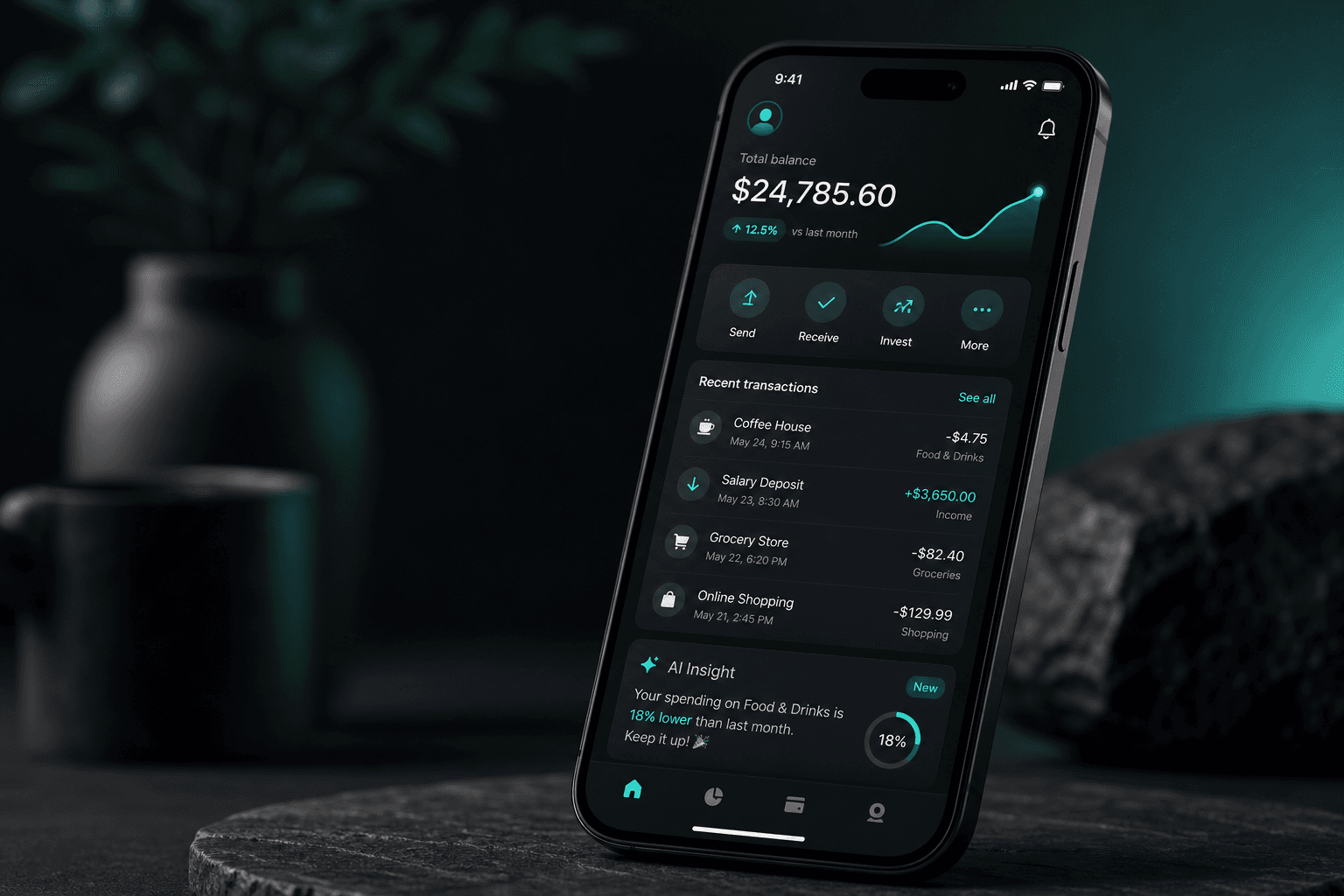 Walley wallet app showing monthly balance and AI spending insights on a phone